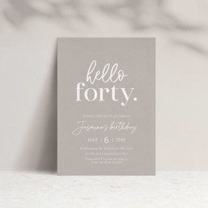 Hello Forty Minimalist Birthday Invite, 40th Birthday Party Invitation Printable Card, Modern Birthday Invite, Digital file, Printable #0145