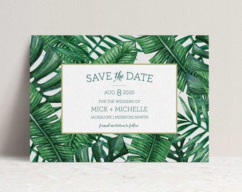 Tropical Save the Date, Printable, Green Leaves, Watercolour, Save the Date postcard, Tropical Leaf, Digital File