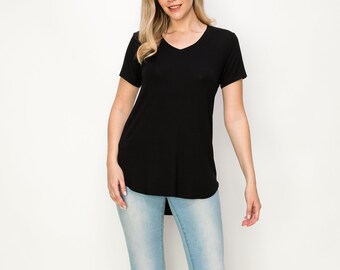 LUVAGE Women's V-Neck Basic Solid Color High Low Casual T-Shirt -Made in USA