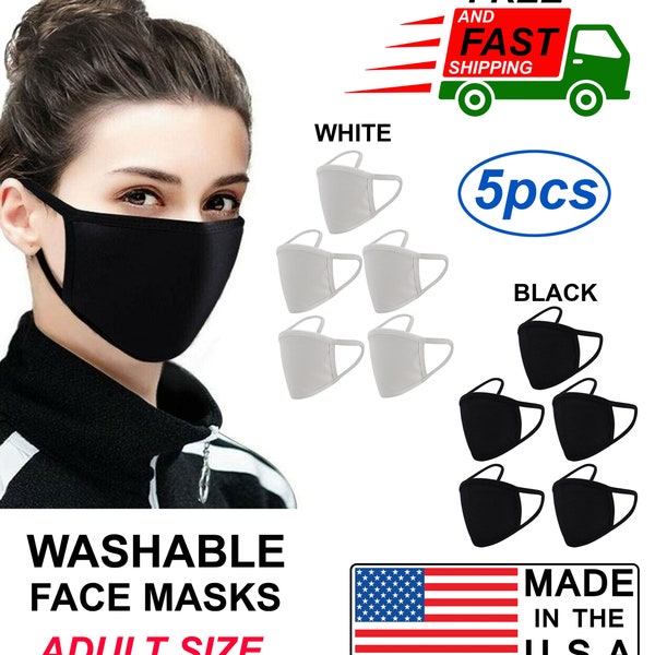 Fabriqué aux États-Unis (5PCS en 1 paquet) -Lavable-Coton-Noir-Blanc-Gris-Rouge-Masque facial-Adulte-Enfant-Masque facial unisexe-2 couches-Ship Free