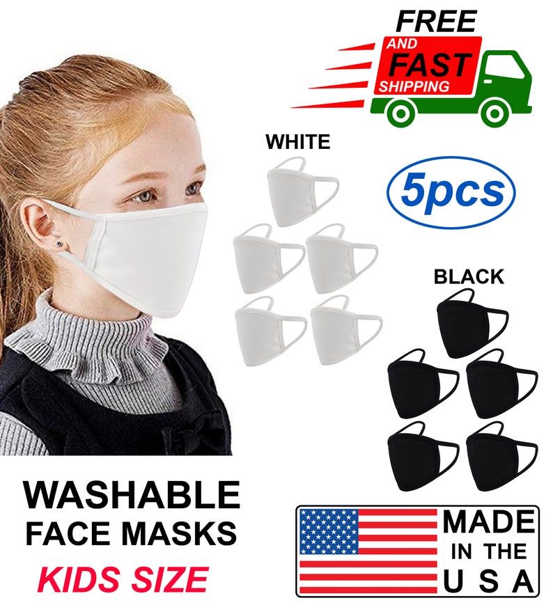 Made in USA5PCS in 1 PackWashable-Cotton-Black-White-Grey-Red-Face Mask-Adult-Kids-unisex Face Mask-2 Layered-Ship Free image 2