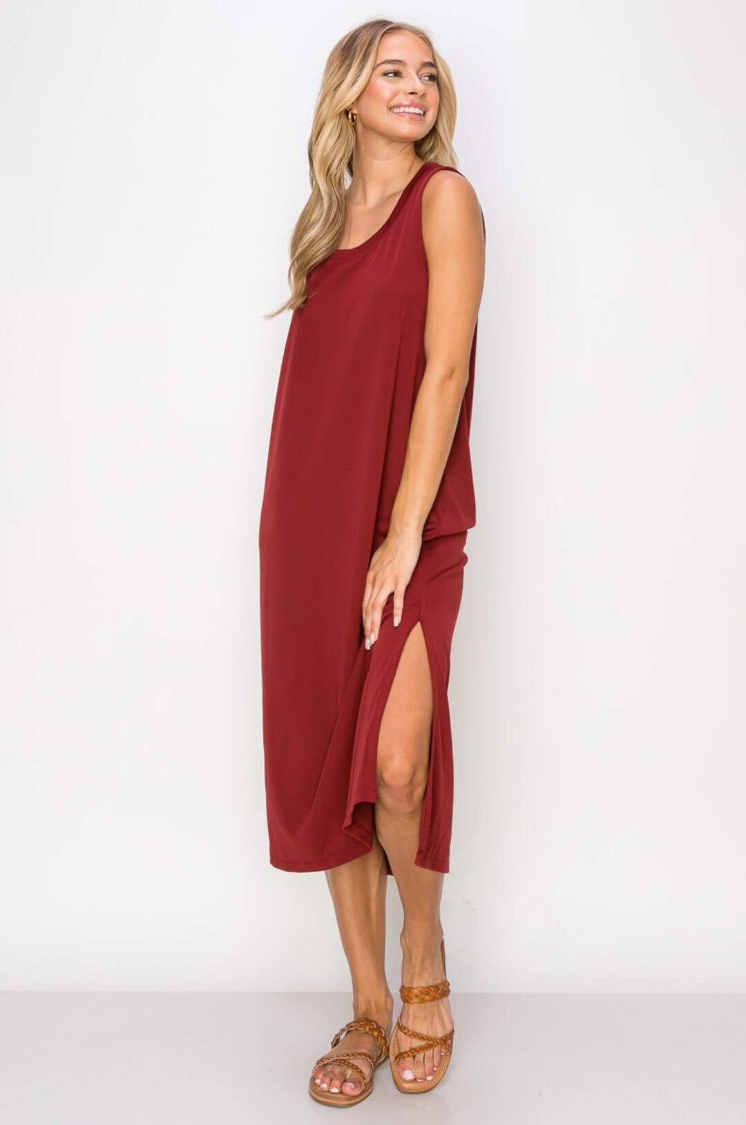 Side Slit Washed Scoop Neck Denim Dress main image 0