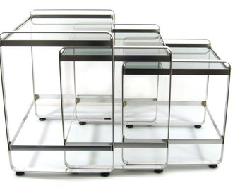 3 Seventies aluminium glass nesting tables - ettore sottsass, joe colombo, gino sarfatti, gae aulenti, enzo mari, franco albini, perriand