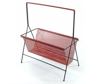 Red Mathieu Mategot style magazine rack - eames, pilastro, gino sarfatti, jacques biny, serge mouille, pierre chareau, charlotte perriand