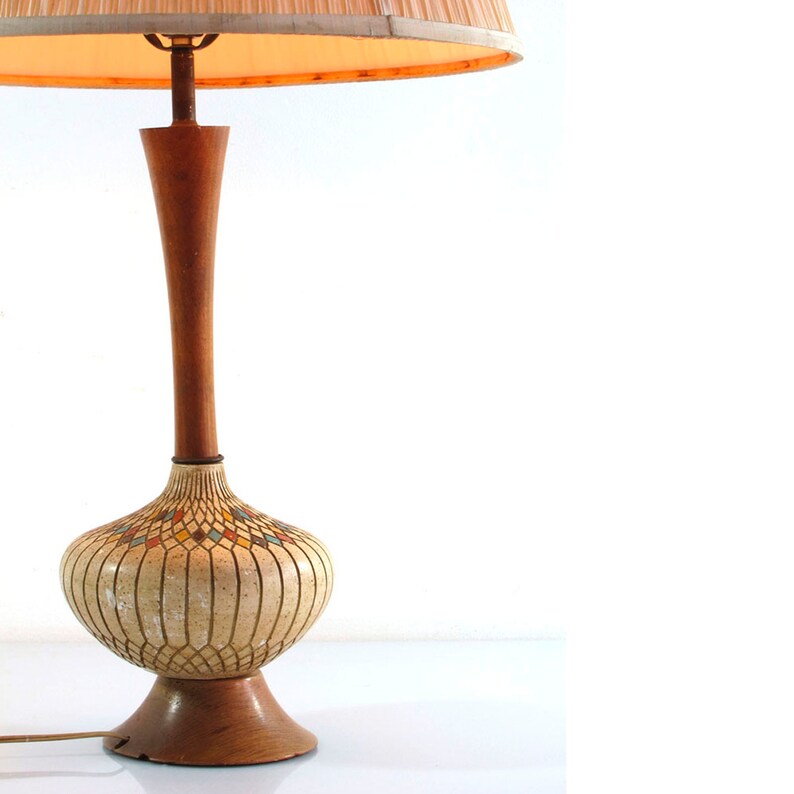 Large Fifties Vintage Plaster And Wood Retro Table Lamp Bauhaus Eames Mathieu Mategot Jacques Biny Serge Mouille Pierre Chareau Stijl
