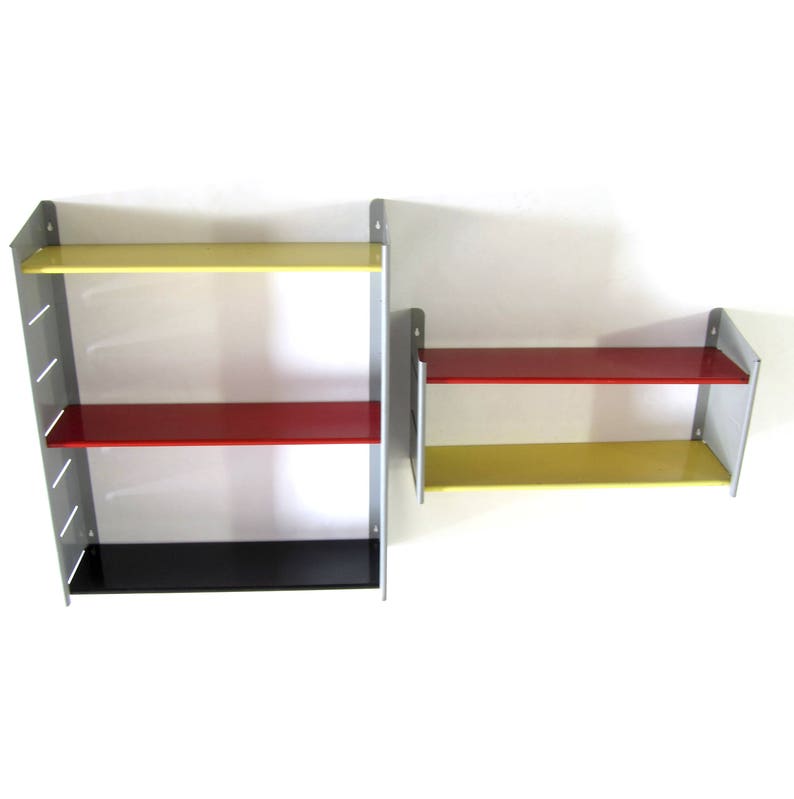 2 Vintage Metal Book Shelf Red Yellow Grey Jean Prouve Etsy