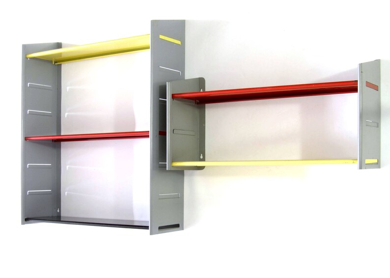 2 Vintage Metal Book Shelf Red Yellow Grey Jean Prouve Etsy