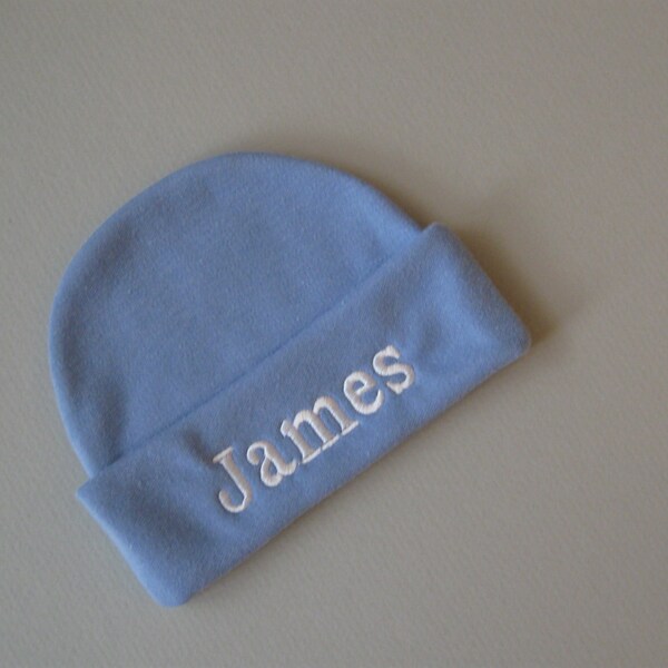 NEWBORN BEANIE HAT, Light Blue with white name, Baby Blue - Hospital Hat - Newborn Hat - Name Reveal, Beenie, Hospital Beanie, Baby Boy Hat,