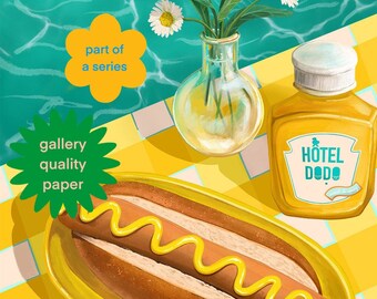 Poolside Hotdog Art Print, hotdog, mustard squiggle hotdog on yellow gingham table with dainty daisy vase wall art