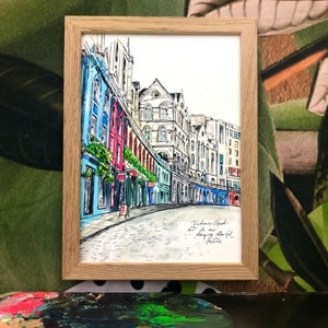 Enchanting Edinburgh - Victoria Street old town, architecture colourful city travel Scotland illustration art print