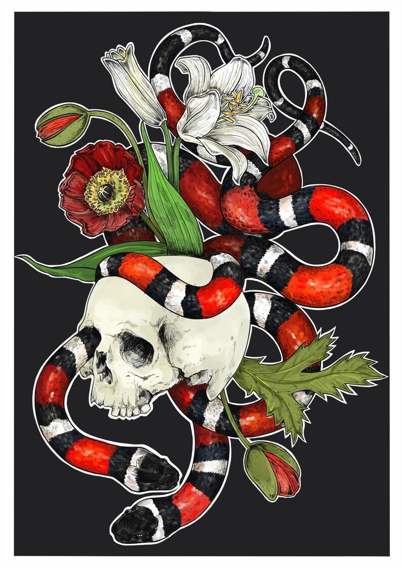 Amaranth Life Frangipani Poppies Botanicals Lillies Snakes of Creation- A3 Art Print Death
