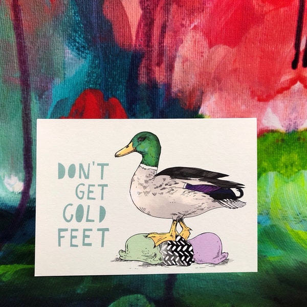 Don't Get Cold Feet, cute bird drawing blank card, hand drawn illustration, duck, British birds, ice cream lover, food art