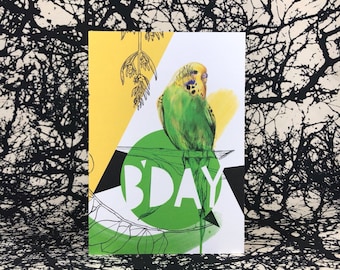 Bird lover gift. Budgie Birthday Card. Parakeet pet card. B'Day....from the Birthday Budgie.