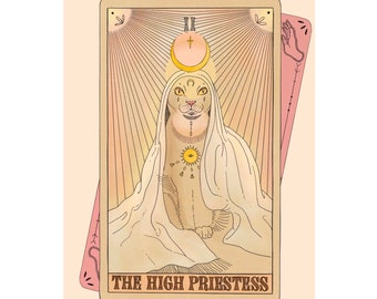 The High Priestess Tarot Cat Card Art Print - adorable cat under blanket , celestial witchy art, Major Arcana Print