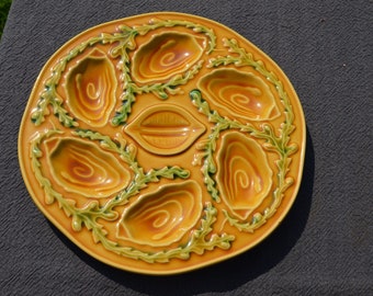 VINTAGE ORFINOX ART POTTERY OYSTER PLATE TEXTURED ALSACE FRANCE EX COND VINTAGE ORFINOX ART POTTERY OYSTER PLATE TEXTURED ALSACE FRANCE EX COND