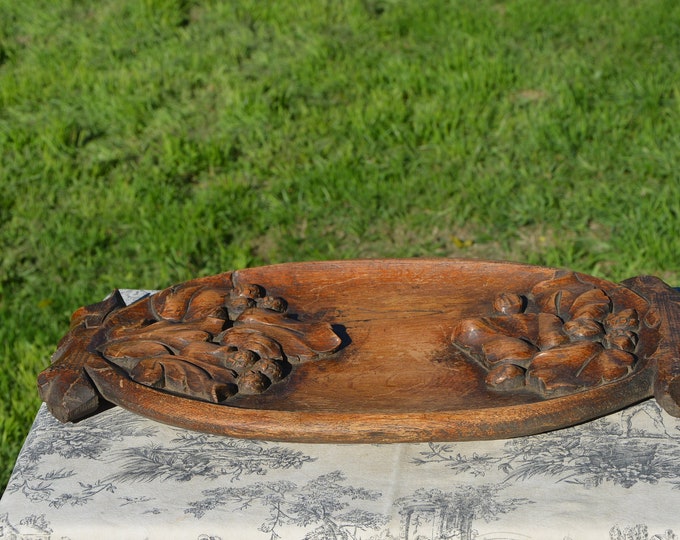 French Antique Fruit or Bread Serving Board Large Solid Wood Beautiful Patina Hand Carved Serving Plate Wooden Platter Black Forest Style