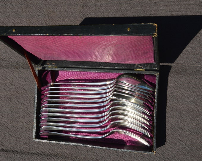 Alfenide 6 Forks and 6 Spoons Boxed Entremets/Dessert French Silver Plated Marked Alfenide Cutlery Flatware 1881-1931 5101 Baguette Pattern