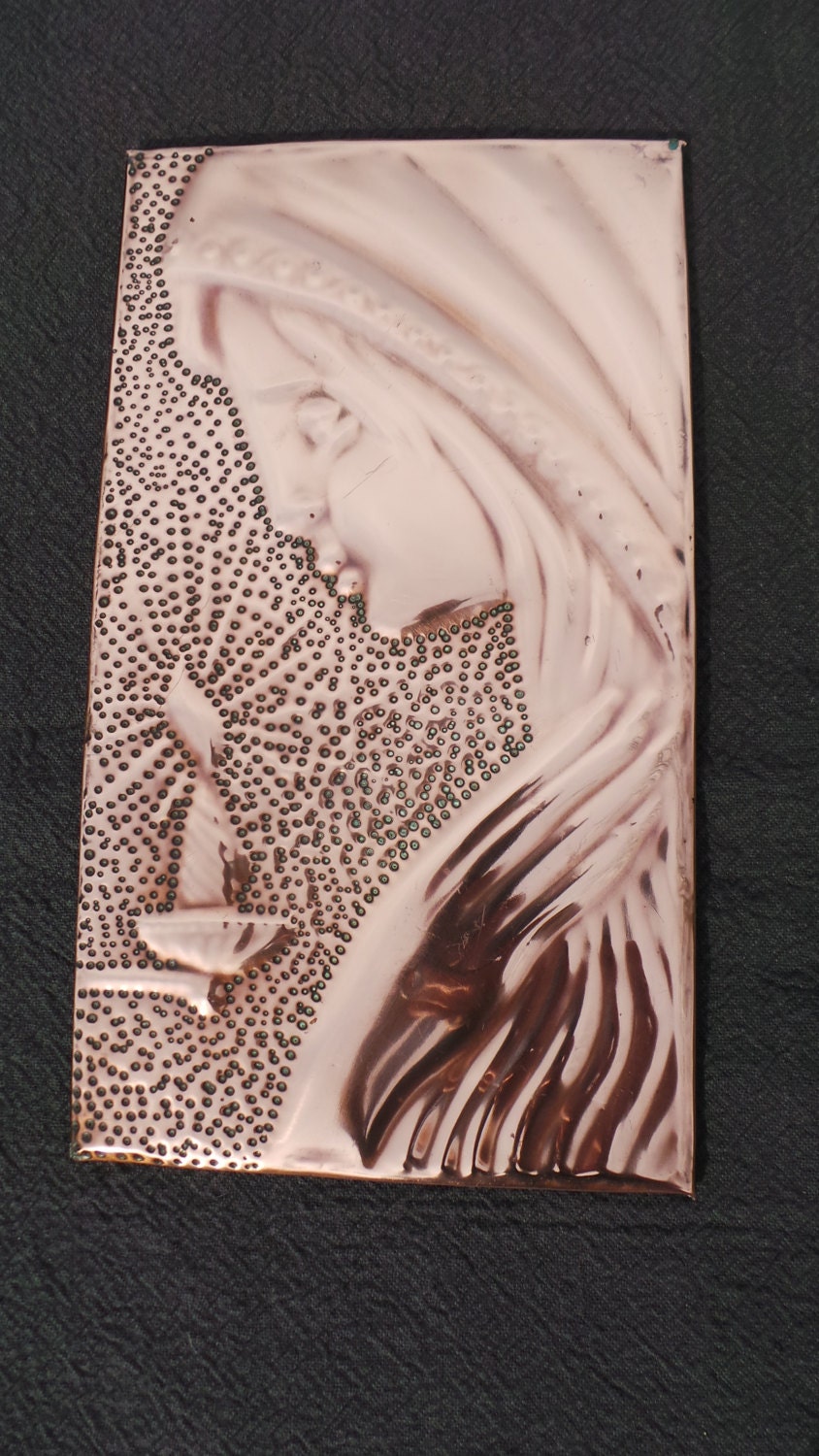 Christian Antique Russe Vierge Marie Cuivre Martelé à La Main en Plaque Photo Dédicacée sur Les Dégâ