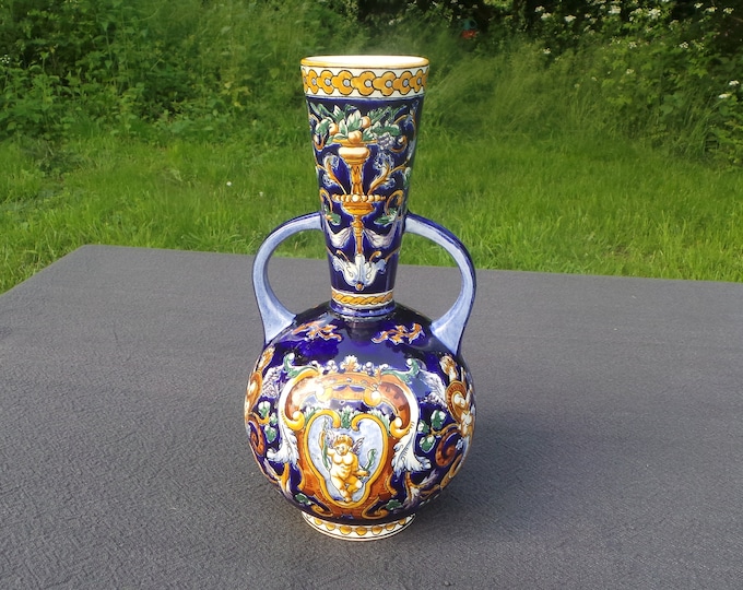 GIEN French Vase, Italian Renaissance Majolica Pattern Vase Polychrome Hand Painted Vintage Gien Faience Pottery China Porcelain Barbotine