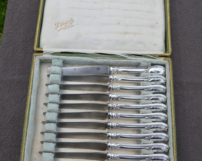 Alfenide 12 Knives Boxed French Silver Plated Marked Antique Alfenide Made By Christofle Cutlery Flatware 1888-1931 J Gasjard Orleans