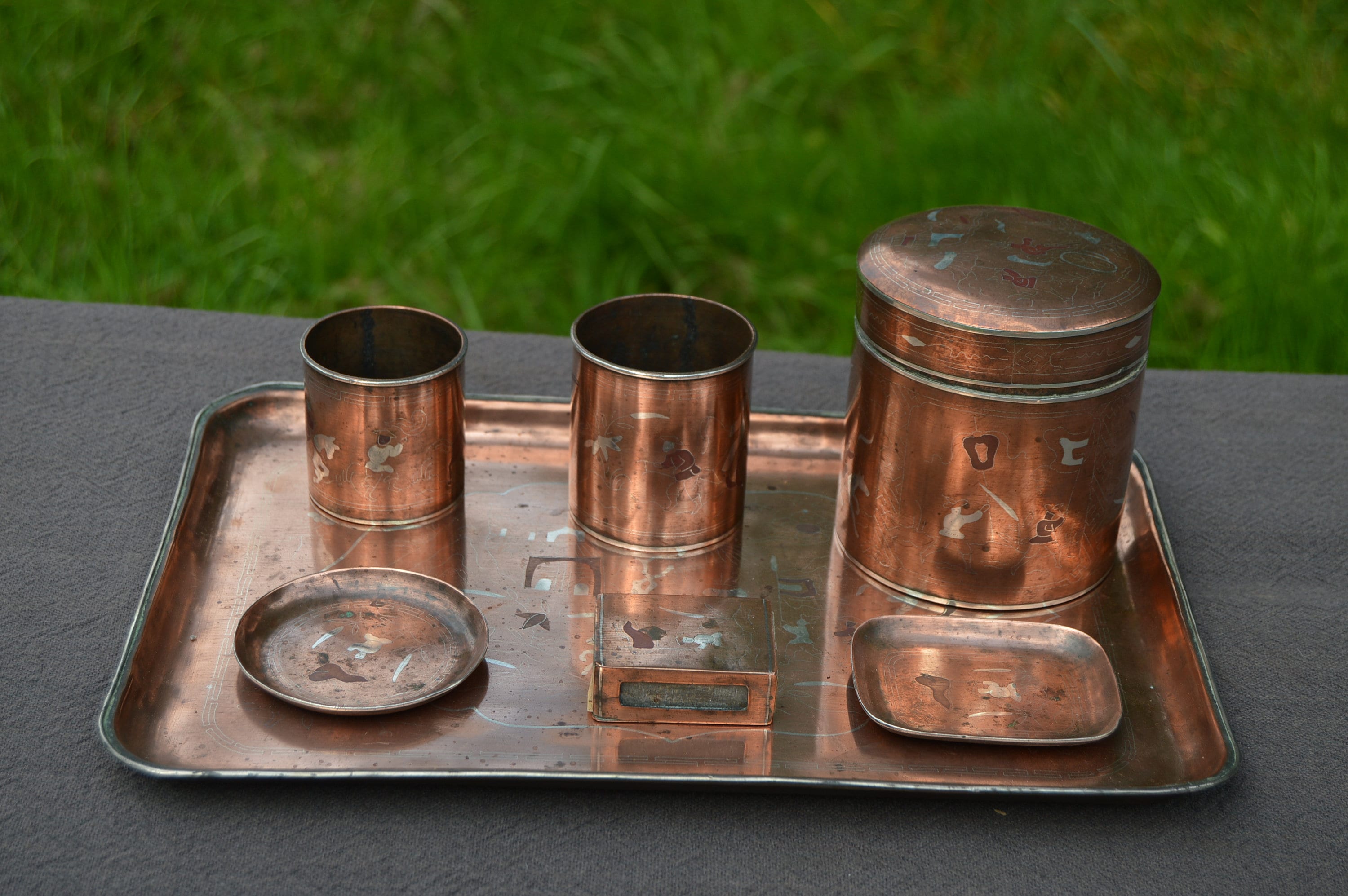 Ensemble de Fumage en Cuivre Antique Indochina Cuivre Argent Bronze Inlay Plateau Pot Tabac 2 Pots P