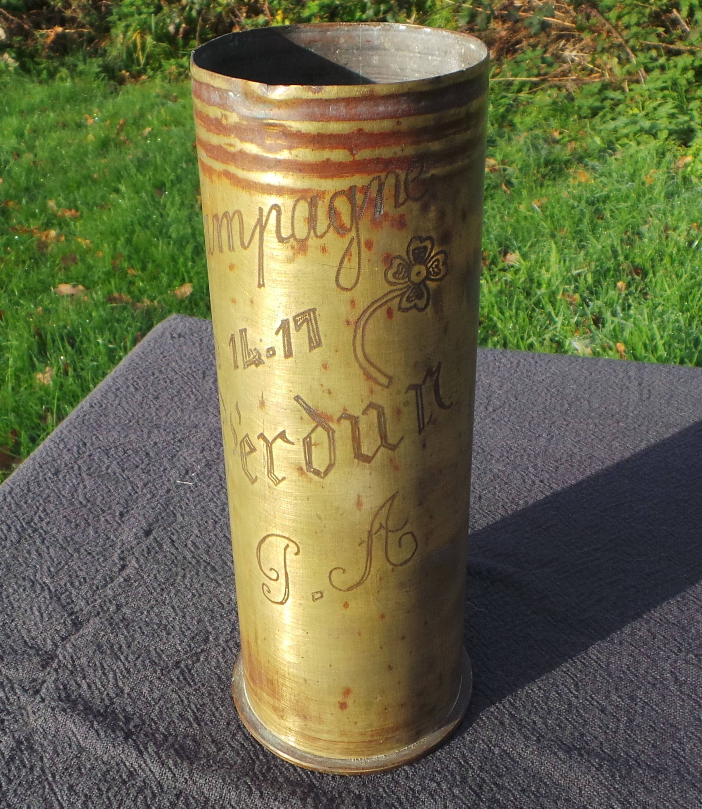 Trench Art Vase Antique French Trench Hand Made German Shell Marked Dusseldorf 1915 Casings Fully Hand Done Etched Pattern Verdun 14 17 P A