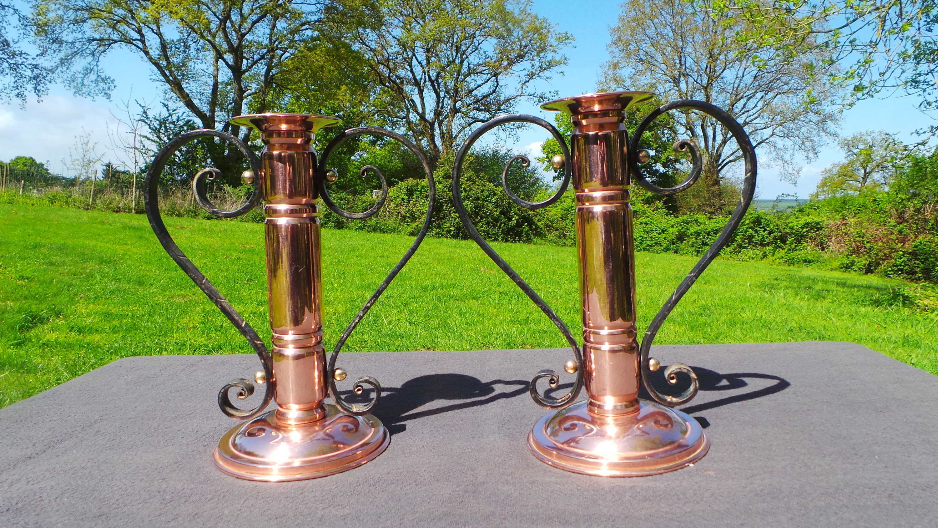 Français Bâtons de Bougie Superbe Vintage Français Cuivre Arts et Métiers Mission Artisanat Paire Bo