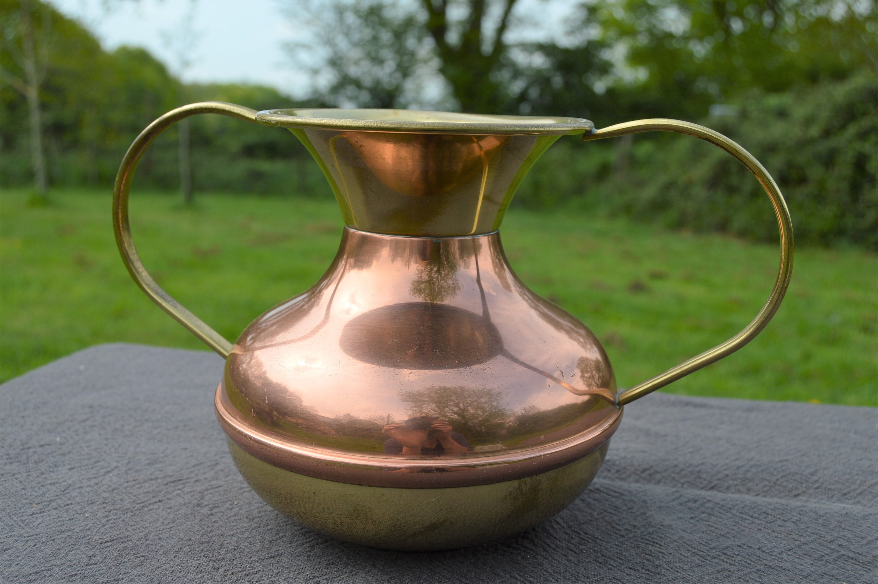 Copper Vase Lecellier Decor Plant Pot Hand Made 1970's Copper Two Handled Home Français Design