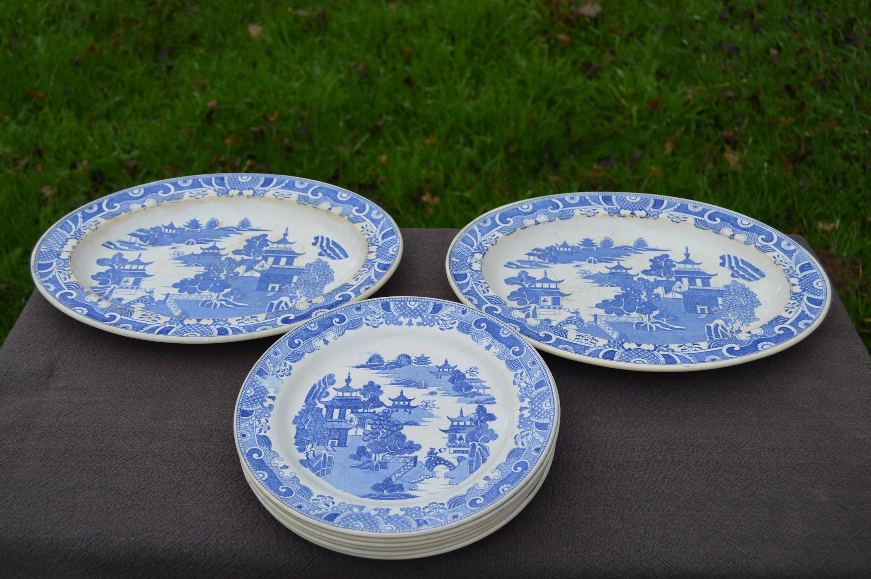 Creil Antique Français Willow Pattern Set Six Plaques Deux Chargeurs Transfert Plaque Imprimée - Fab