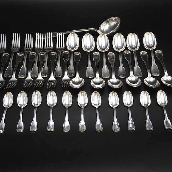 Le Couvert Francais 12 Forks 12 Spoons 12 Teaspoons 1 Ladle Fully Marked LCF Cocquille Pattern French Silver Plate Cutlery Set