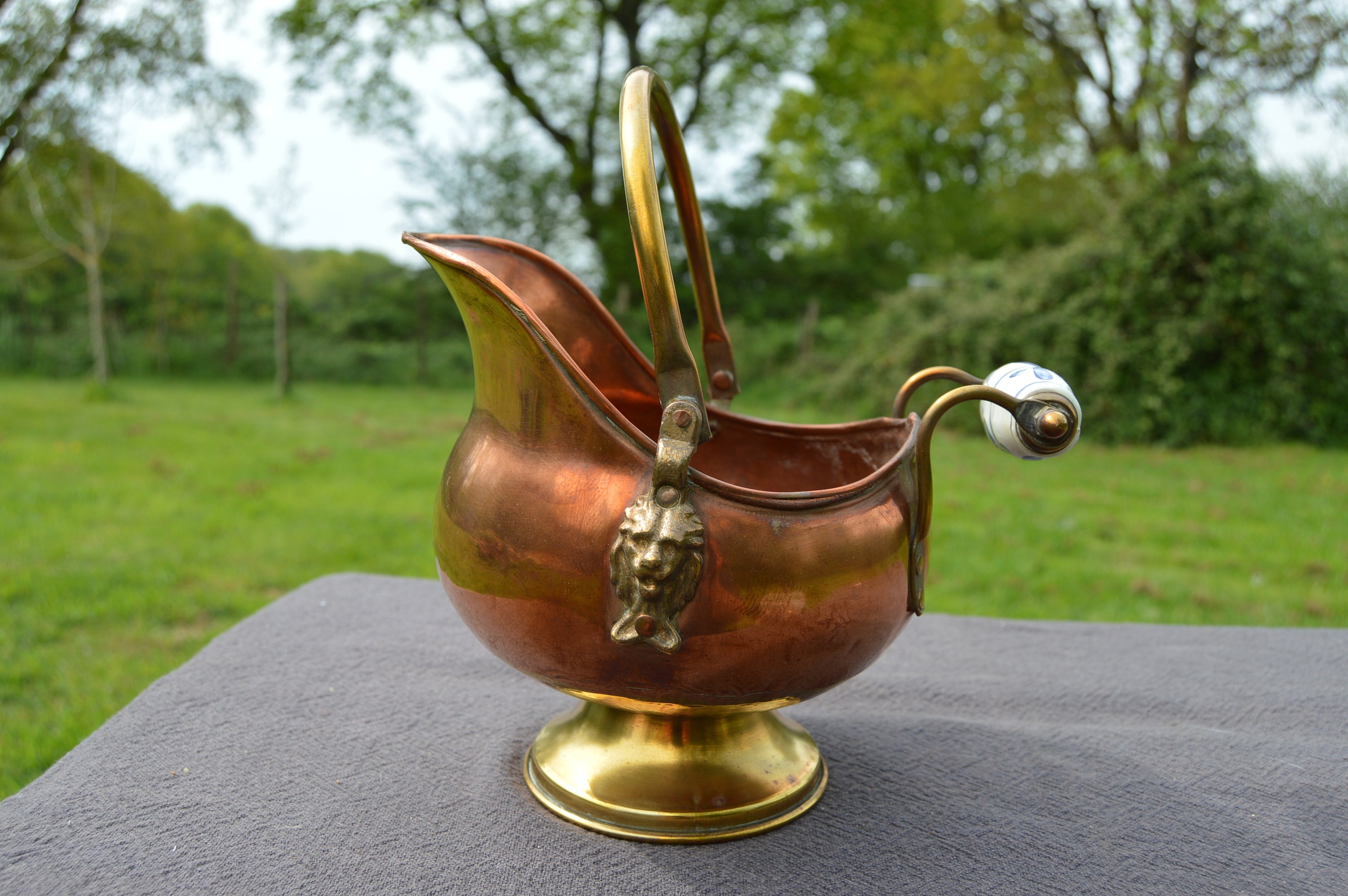 Reproduction Copper Coal Scuttle Holder Fireside Decor 1960's Two Handled Porcelain Blue White Franç