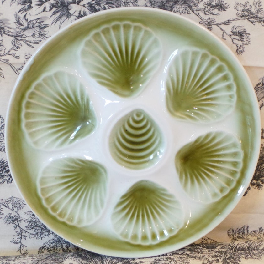 Assiette d'huître Huitre Mussel Fish Plate Orchies Vintage Vert et Blanc Français Super Condition Se