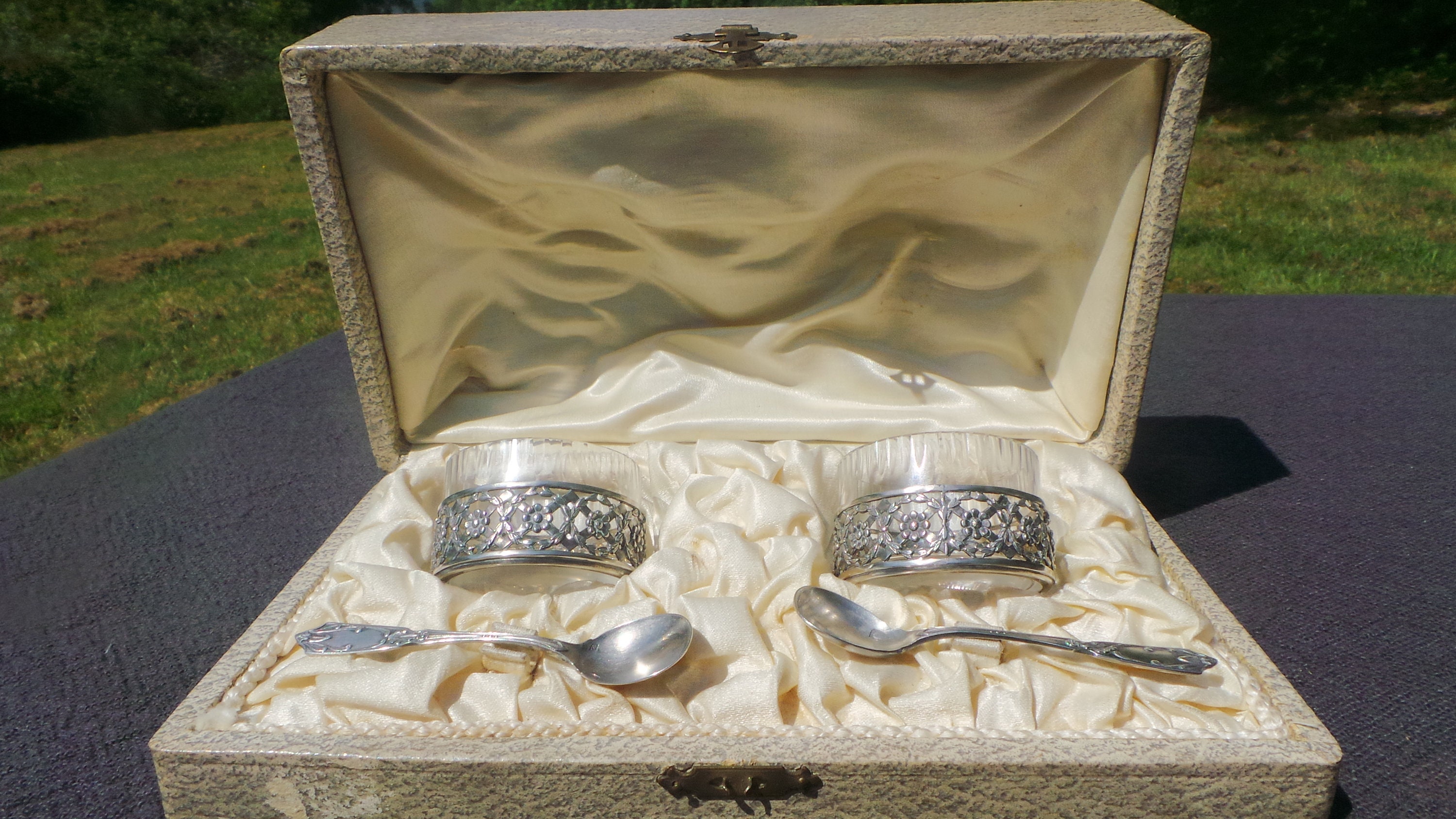 Sels d'argent Massif en Boîte Deux Cuillères Cruet Crystal Inserts Servant Set Français Silver Miner