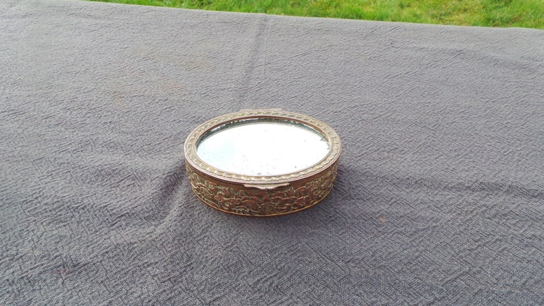 Bronze Mirrored Box Plush Velvet Interior Worn Mirror Losses Marked France Cast Metal Missing Ormalu Fabulous Jewelery Box Ring Box
