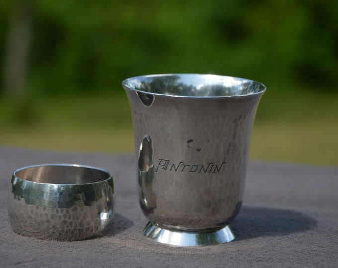 Beaker and Napkin Ring Ravinet D Enfert Silver Plated 'Metaille Blanc' Fully Marked Planished Design Engraved ANTONIN