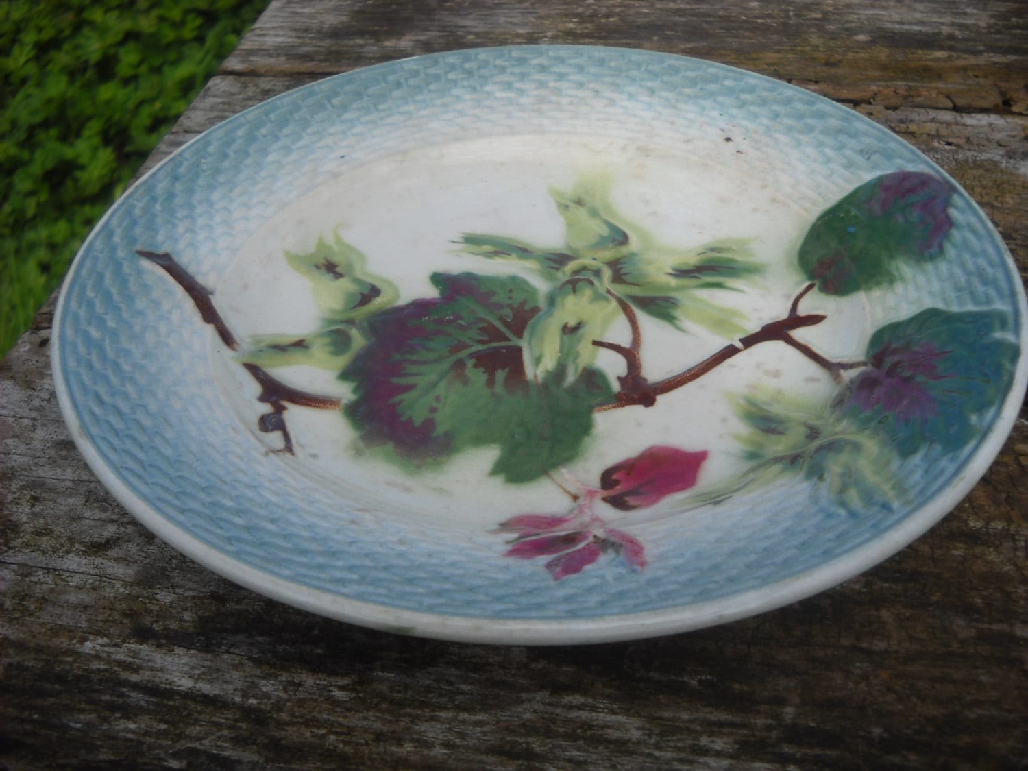 Ancien Français Barbotine Fruits Assiette St Amand 1896-1952 Entièrement Marqué Décorative Barbotine