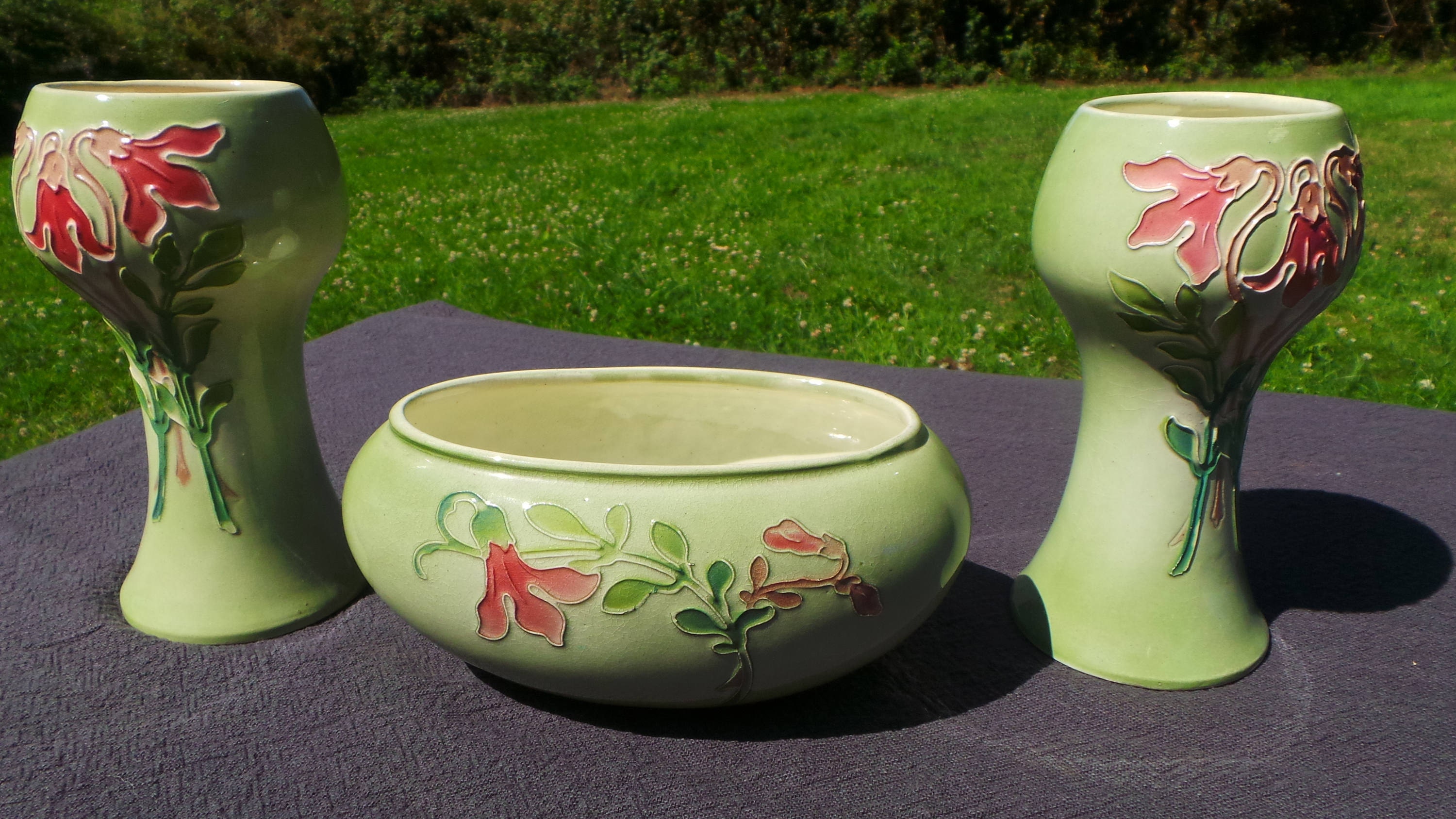 St Clements 1920's Hand Decorated Trio Two Vases & Bowl Made in France Ceramic St Clement Fully Mark