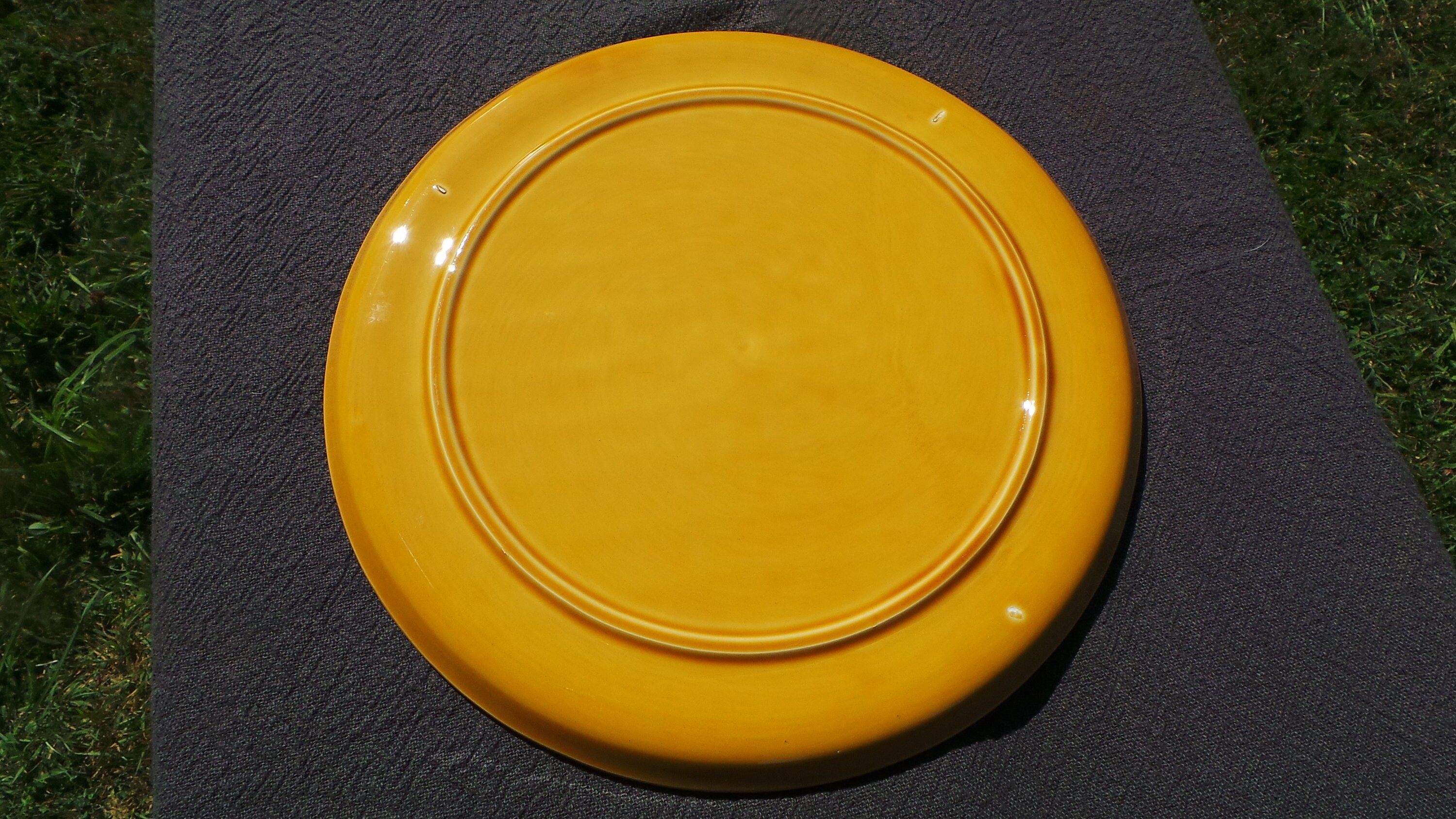 French Antique Asparagus Plate with Sauce Resevoir Deep Yellow Mid 20th Century, Good French ...