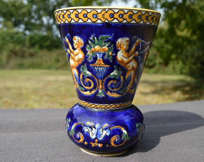 GIEN French Vase, Italian Renaissance Majolica Pattern Vase Polychrome Hand Painted Vintage Gien Faience Pottery China Porcelain Barbotine