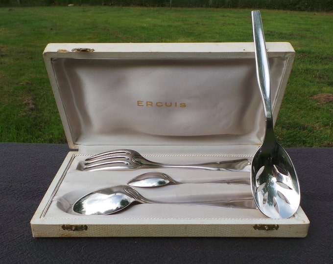 Ercuis Silver Plated 'Metaille Blanc' Boxed Teaspoon, Fork and Spoon Bonus Fruit Spoon Real Luxury Made by Ercuis of Paris