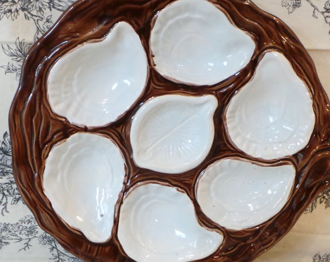 Oyster Plate Chunky Hand Painted Huitre Mussel Fish Plate Brown Vintage French Super Condition Seafood Plate Shellfish Plate Oyster Plate