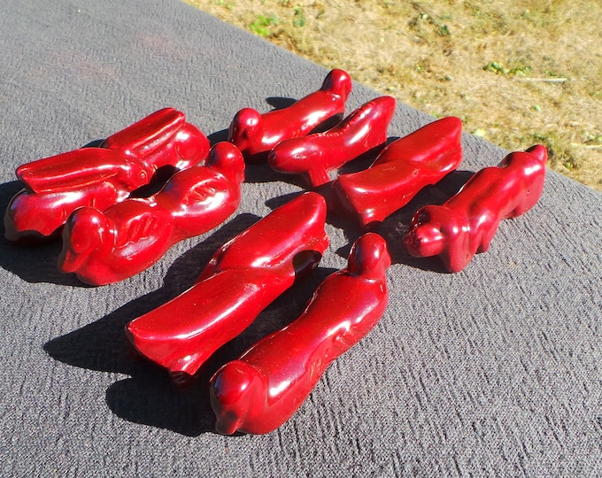 Vintage French Animal Knife Rests Red Ceramic Vallauris Style Art Deco Pottery Set of 8 Ducks Geese Rabbit Dog Fish Pelican