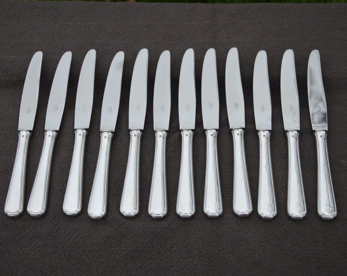 Ercuis 'Metaille Blanc' Silver Plated Set of 12 Lucheon Side Plate Knives Made by Ercuis 12 Twelve Super Knife Set Marked Ercuis Paris