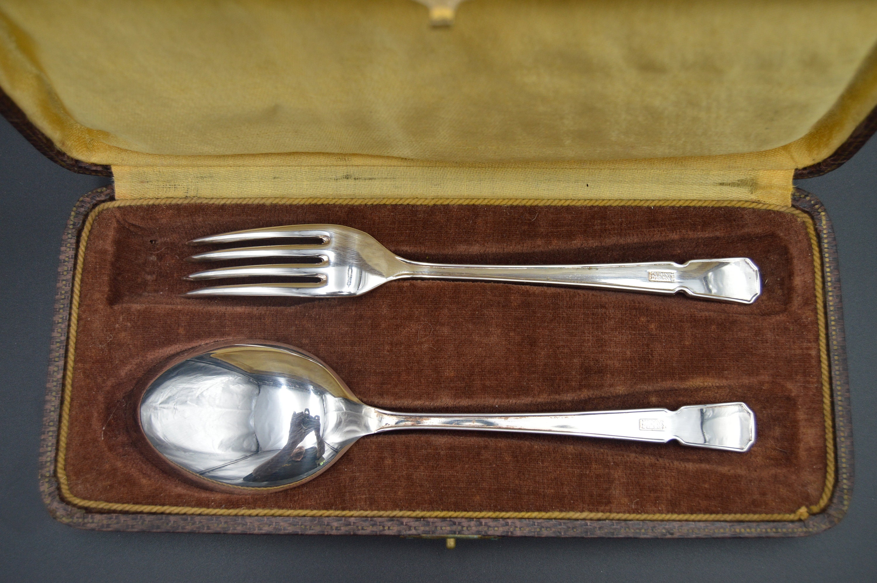 Serving Fork and Spoon Dupon D'Isigny Silver Plated 'Metaille Blanc' Boxed  Fork and Spoon Marked Design Good Condition Box Worn