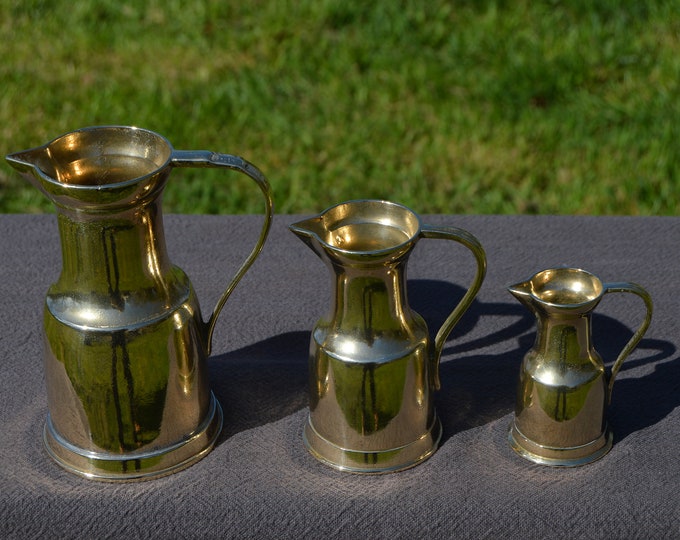 Antique French Solid Polished Bronze Jugs Pitchers Heavy Bronze Sweeping Handle Totally Hand Made Fabulous French Pitchers Set of Three