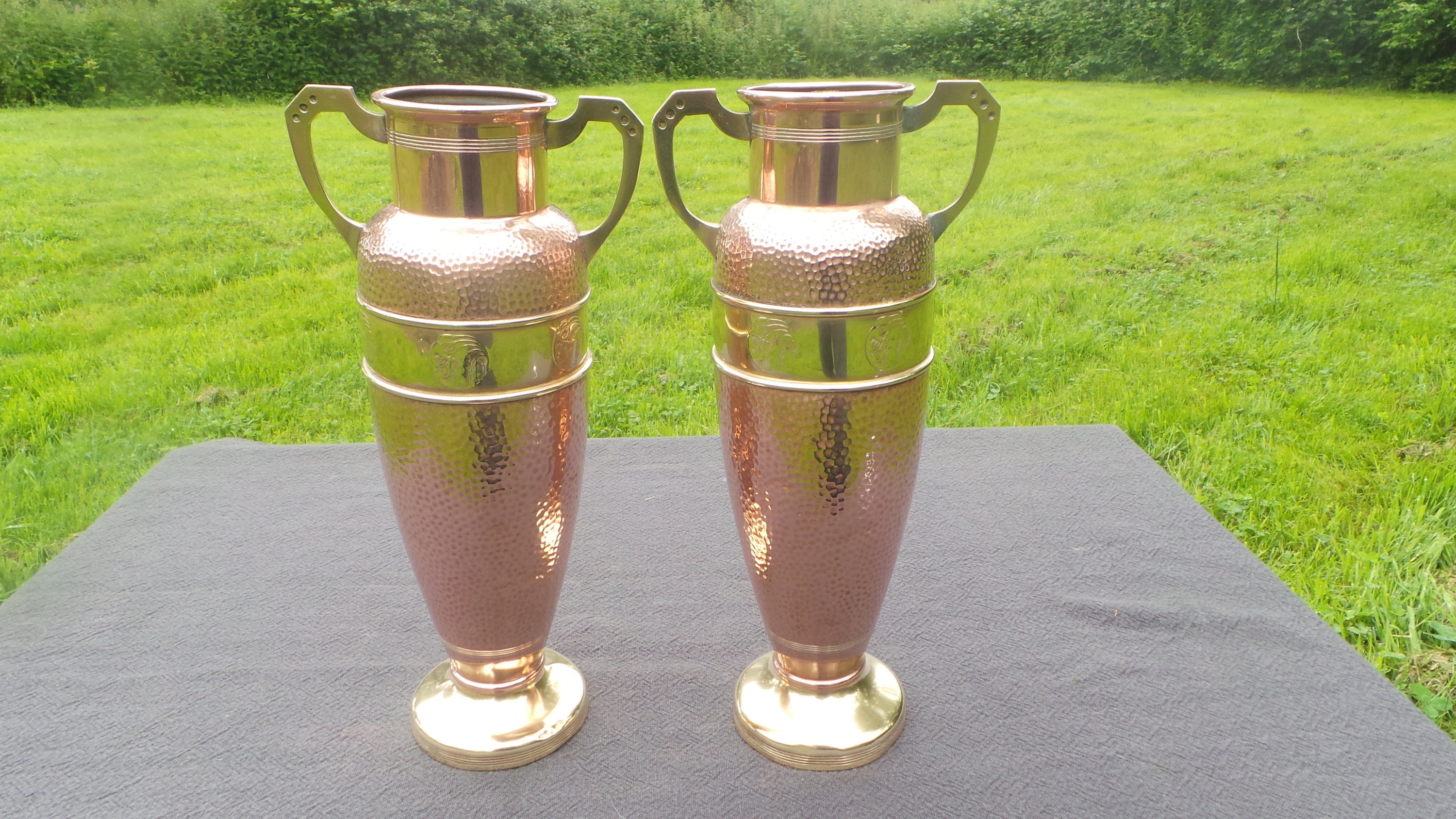 Paire de Français Sécession Fin Cuivre et Laiton Fleur Vases Pots Art Nouveau Deco Jugendstil Vase H