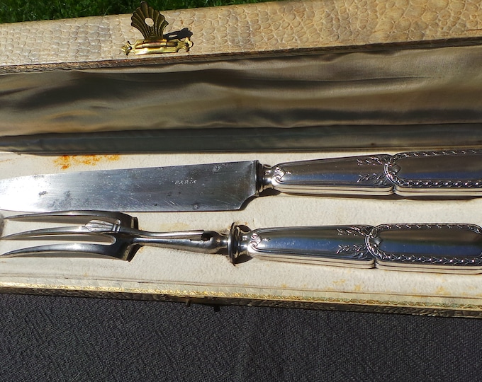 Cast Silver Carving Set French Solid SILVER Handle Fork Carbon Steel Blade Antique Hallmarked Minerva 950 Silver Marked Paris Old Box