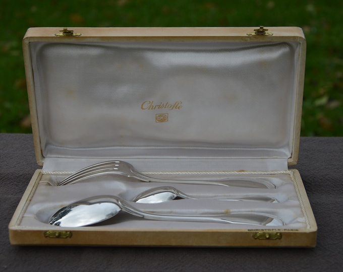 Christofle Dining Set Individual Box 3 Pieces Versailles Pattern Fork Spoon Teaspoon Fully Marked Christofle 1935-1983 Silver Plate