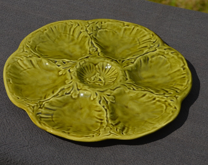 Oyster Plate Gien Huitre Mussel Fish Plate Gien Olive Green Vintage French Super Condition Seafood Plate Shellfish Plate Oyster Plate