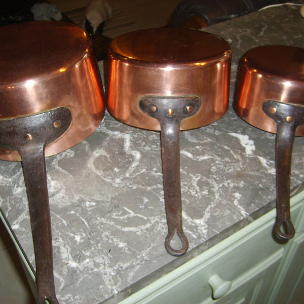 Antique French Copper Set of Three Handmade Pans Cast Iron Handles and Copper Rivets